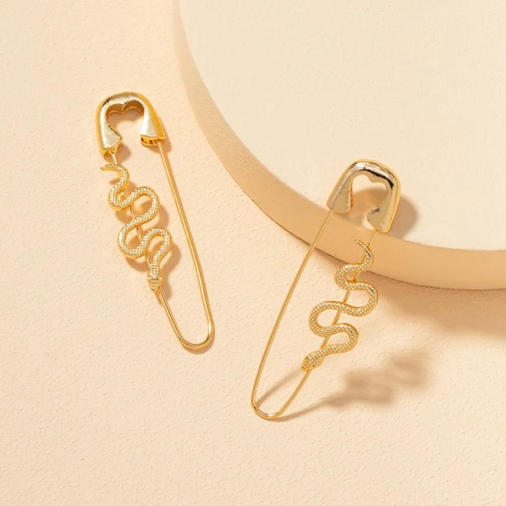 Gold Snake Safety Pin Earrings NEW - Picture 2 of 5
